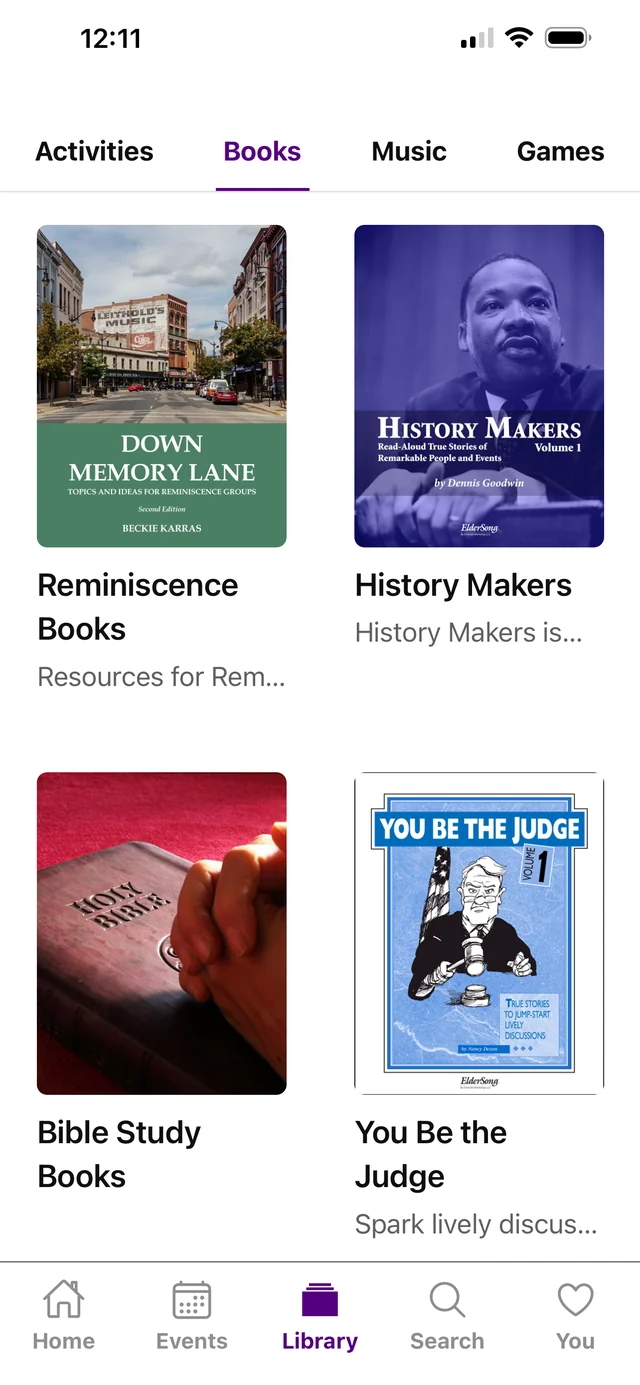 ElderSong books in the app, including History Makers and You Be the Judge