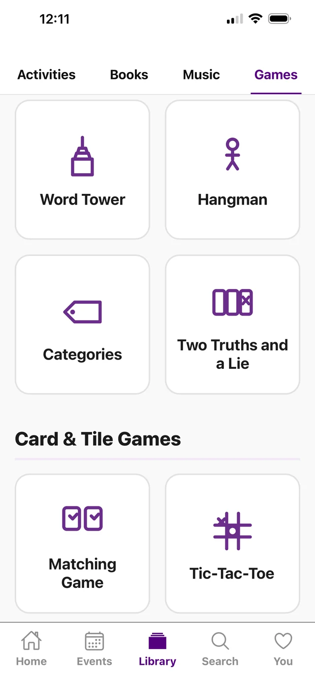 Games in the app, including Word Tower and Two Truths and a Lie