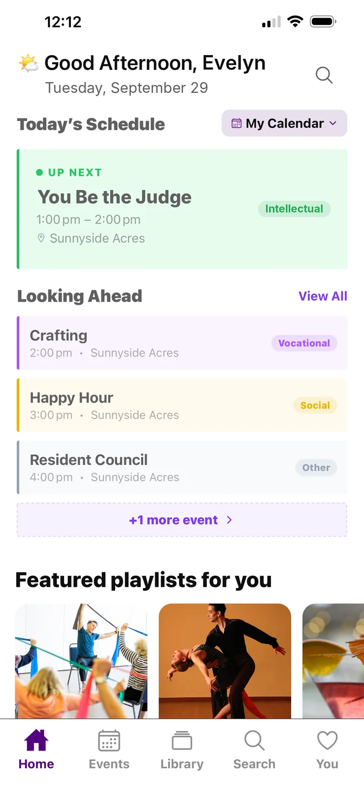 The ElderSong+ home screen showing today's schedule, with You Be the Judge up next
