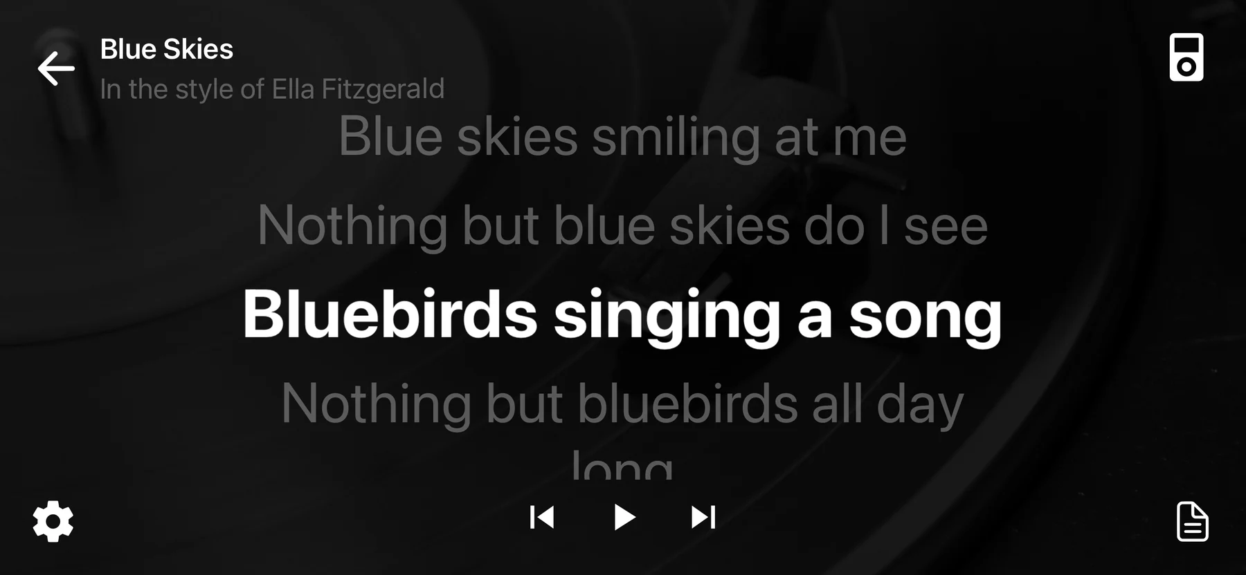 Blue Skies playing with large synced lyrics on screen